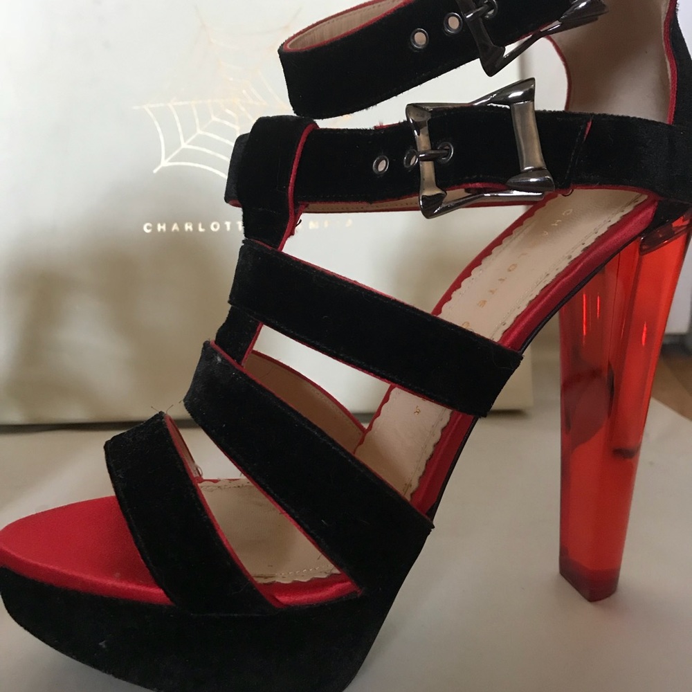 Charlotte Olympia velvet w red lucite heels s 39.5